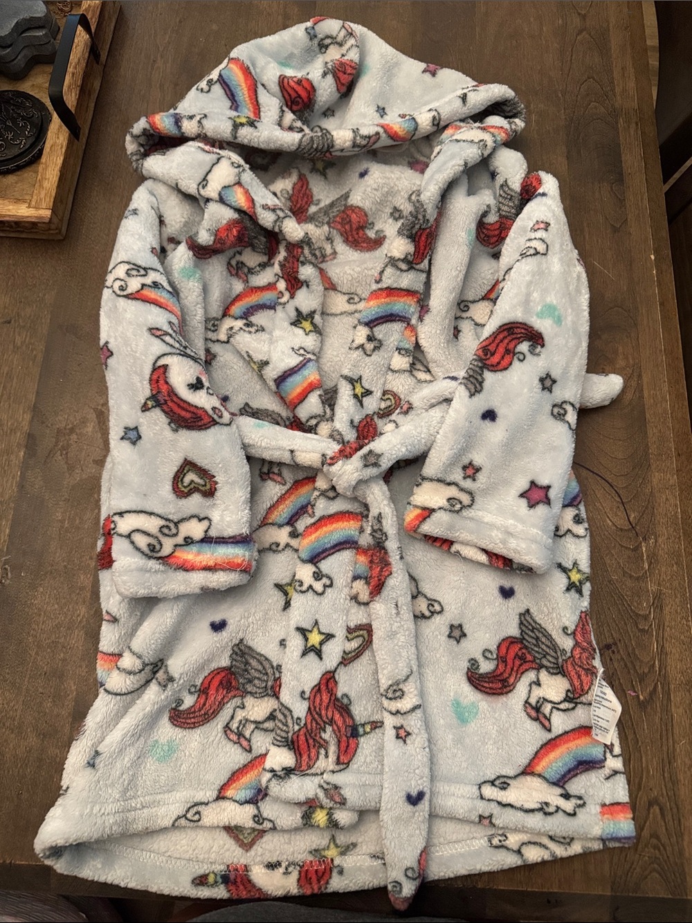 Kids' Plush Unicorn Hooded Bathrobe - Light Blue with Rainbow Print